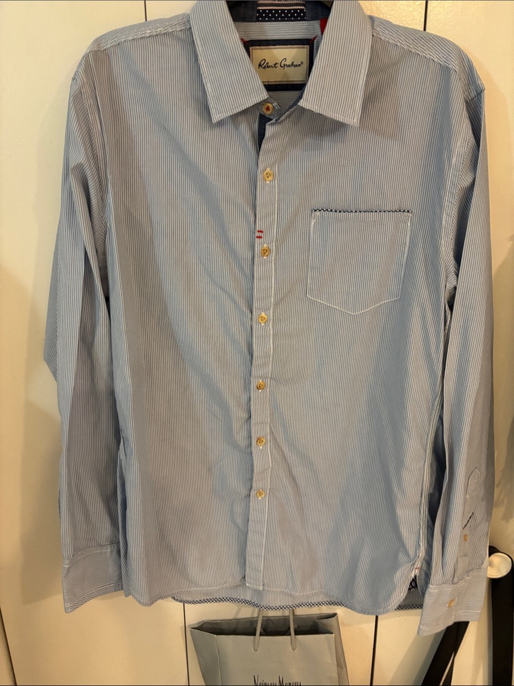 Robert Graham Long Sleeve Button Up White/Blue Striped Shirt Men's L